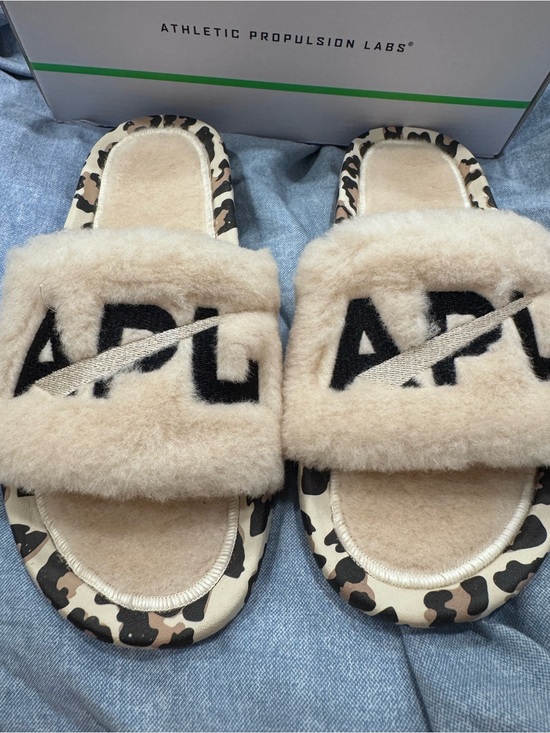 APL Shoes - APL Beige Shearling Slide Sandals with Black Logo & Leopard Trim